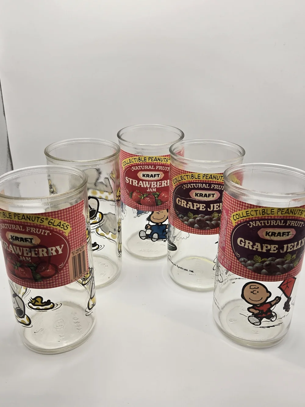 6 Peanuts Tall Glass Tumblers/Kraft Jelly Jars